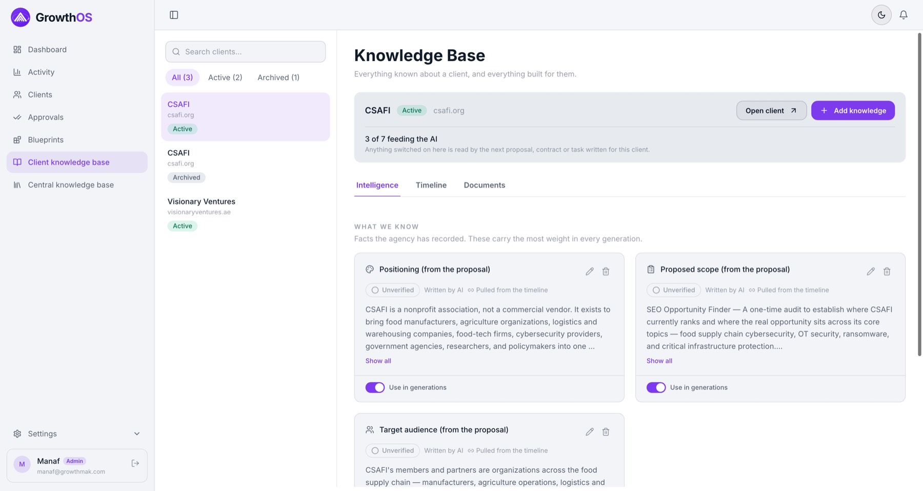 GrowthOS Client Knowledge Base showing AI-generated client facts — positioning, proposed scope and target audience — each toggled on to feed the next proposal, contract or task